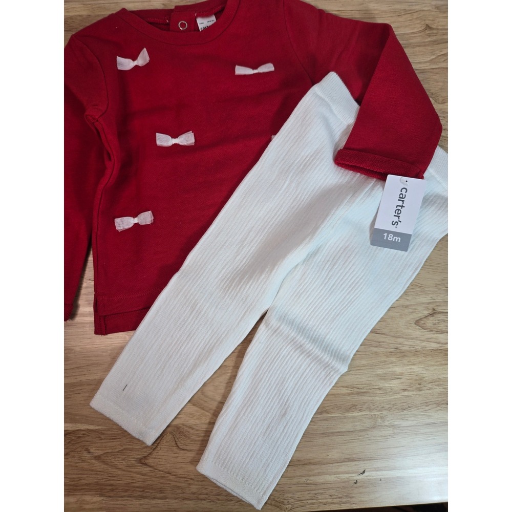 Carters Baby Girls 18M Red Bow Long Sleeve Top and Ivory Ribbed Leggings Set